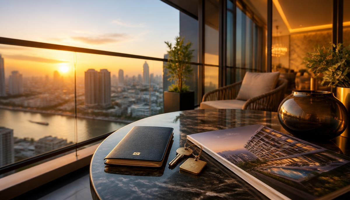 Bangkok luxury condominium balcony at sunset with a passport, keys and a project brochure