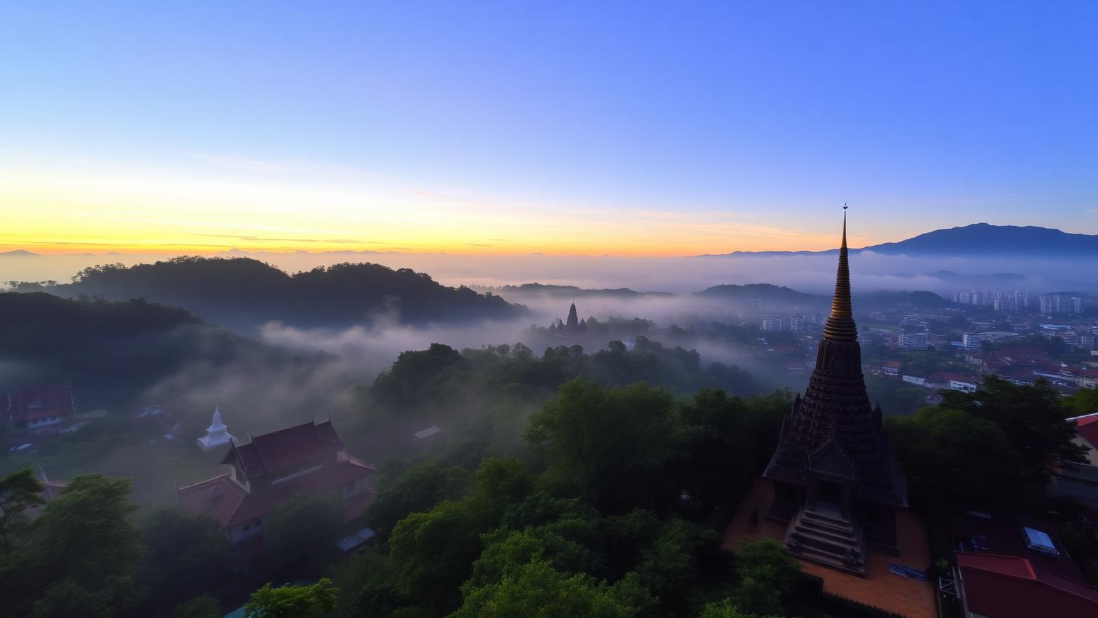 Misty mountain view over Chiang Mai old city temples at sunrise