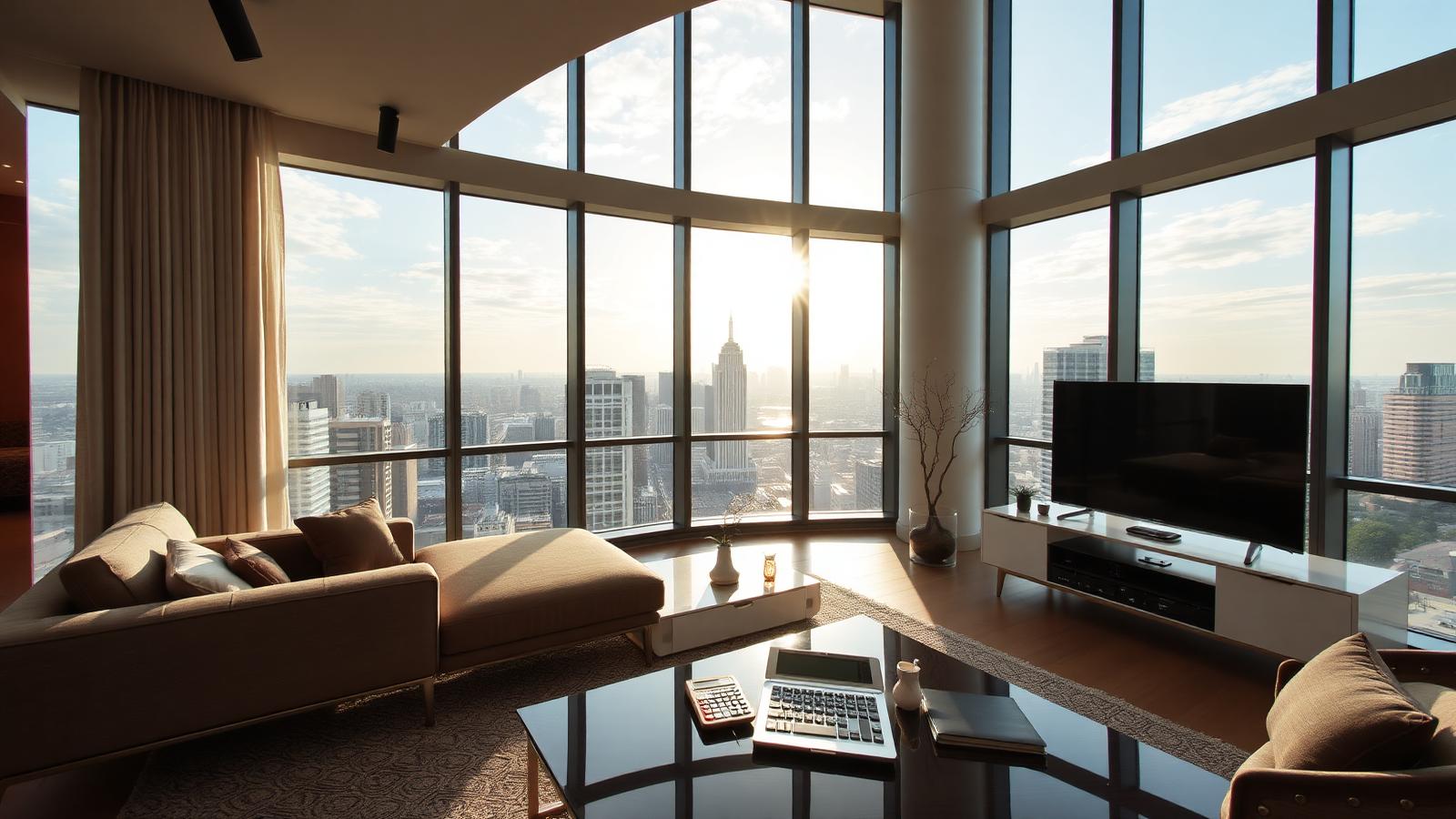 Modern condominium living room with city view and calculator on the table