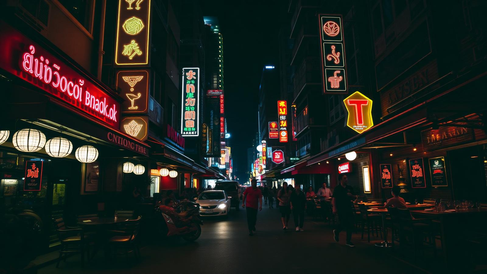 Neon-lit street in Thonglor Bangkok at night with restaurants and bars